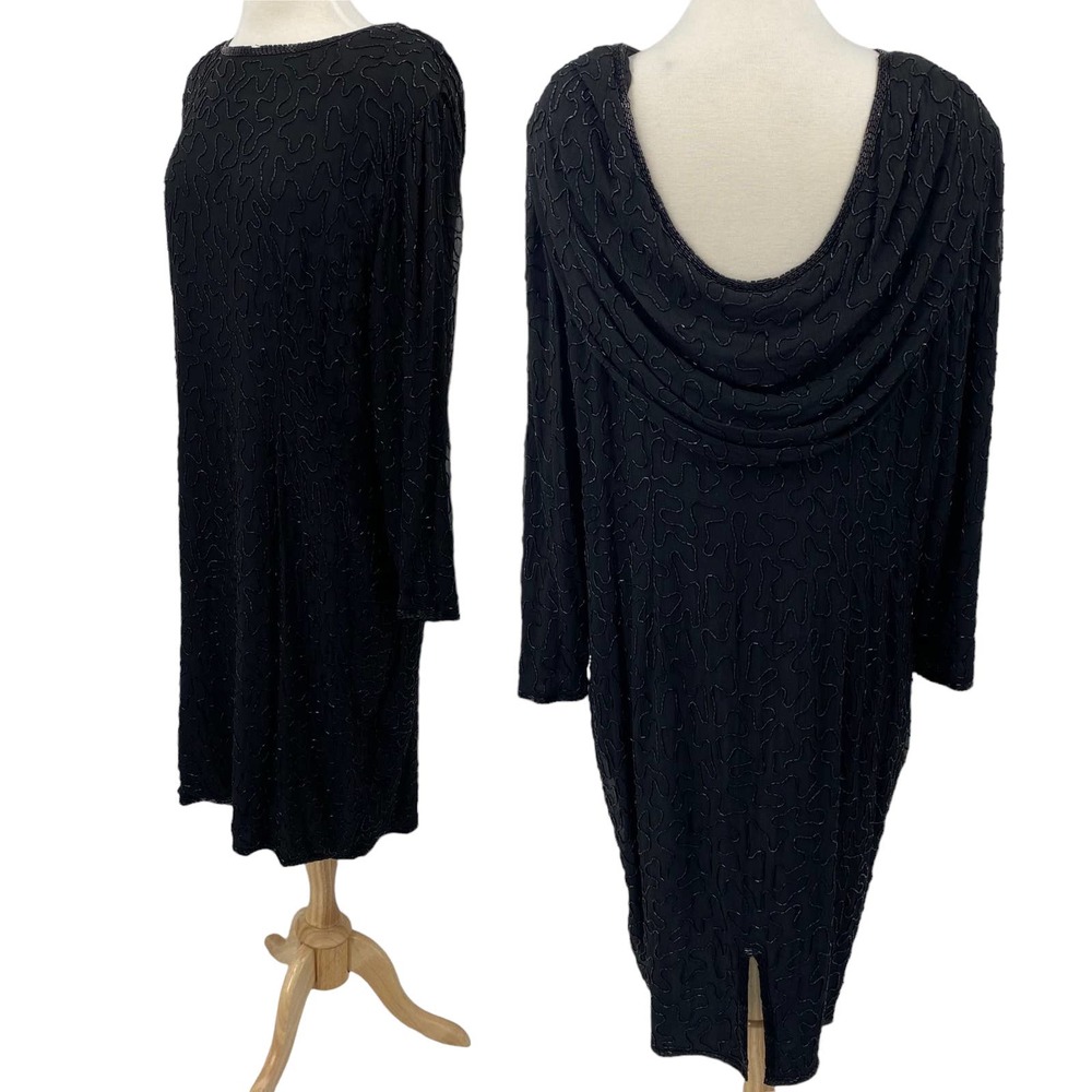 Vintage 80s Beaded Silk Cocktail Dress Long Sleeve Draped Cowl Back Womens 20W